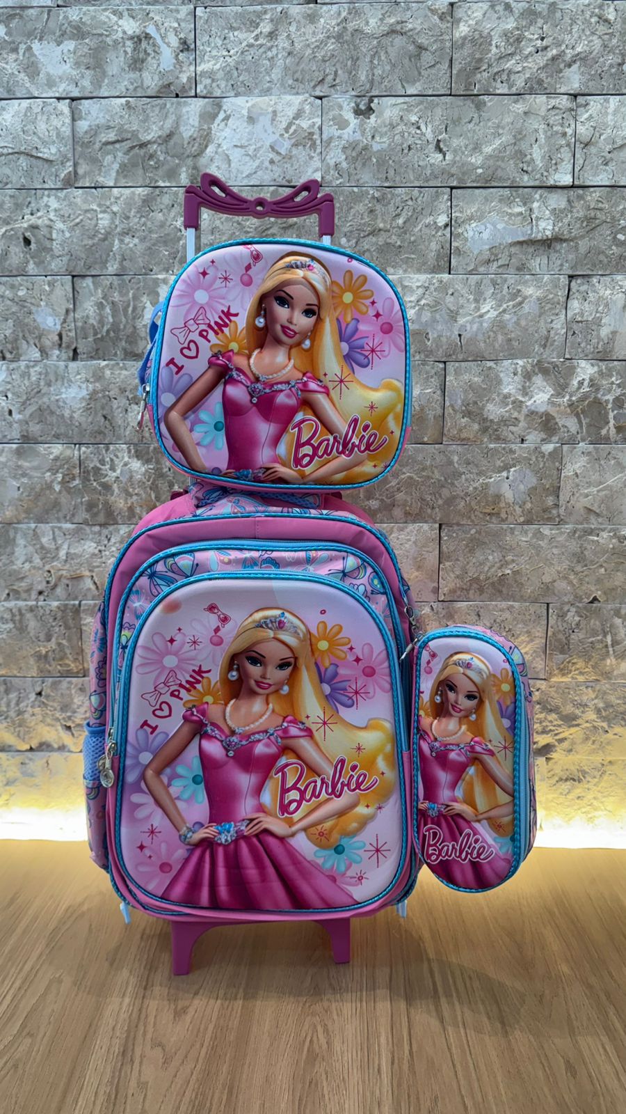 Kit Infantil Mochila com Carrinho + Lancheira + Estojo Personagens
