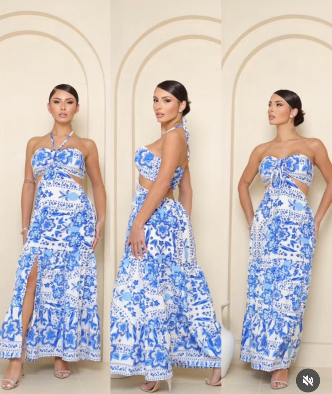 Vestido Longo Gola Alta com Fenda Inspiração Farm