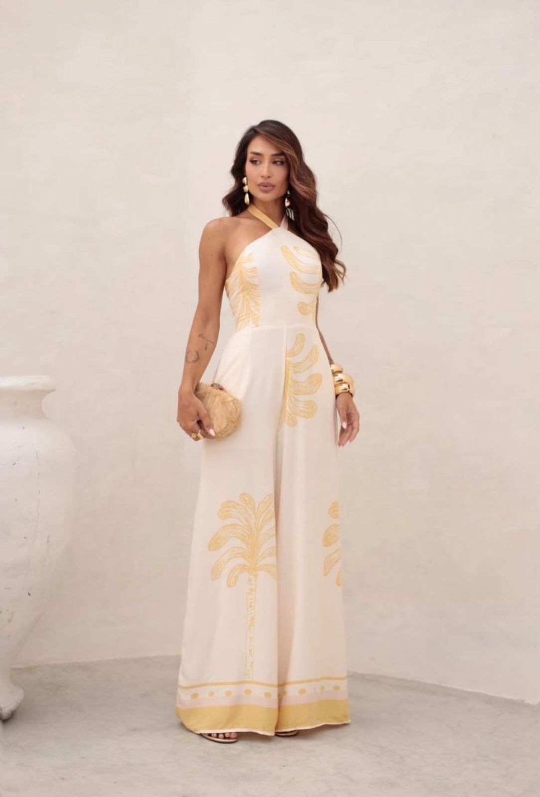 Macacão Longo Floral Pantalona Gola Alta