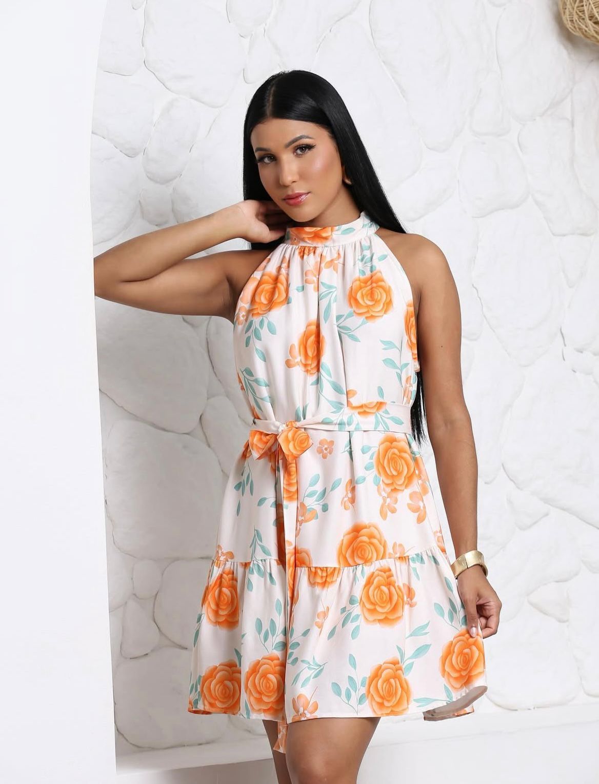 Vestidos Curtos Floral em Gola Alta