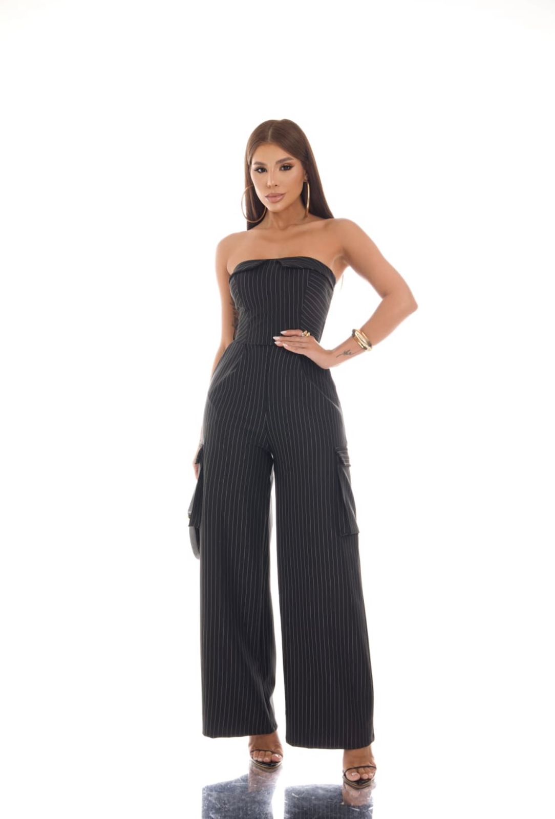 Macacão Longo Alfaiataria Tomara que caia com Risca de Giz