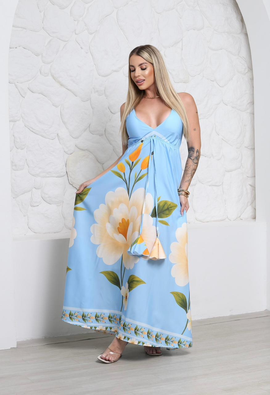 Vestido Longo Floral com Decote e Alça Fina
