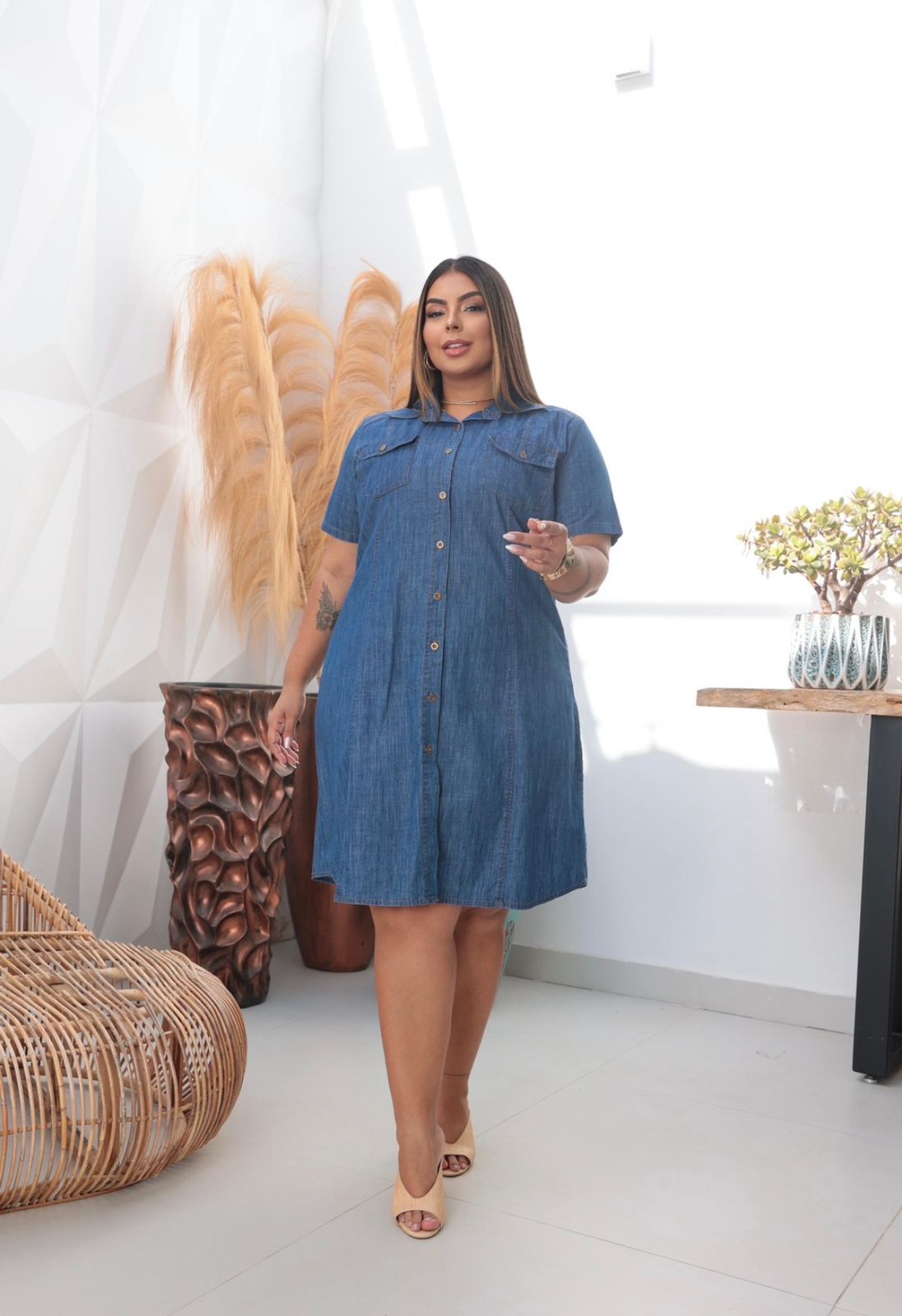 Chemise Jeans Plus Size com Manga