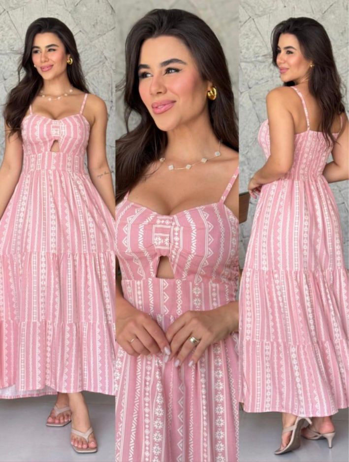 Vestidos Longos Listras Geométricas com Alças Finas