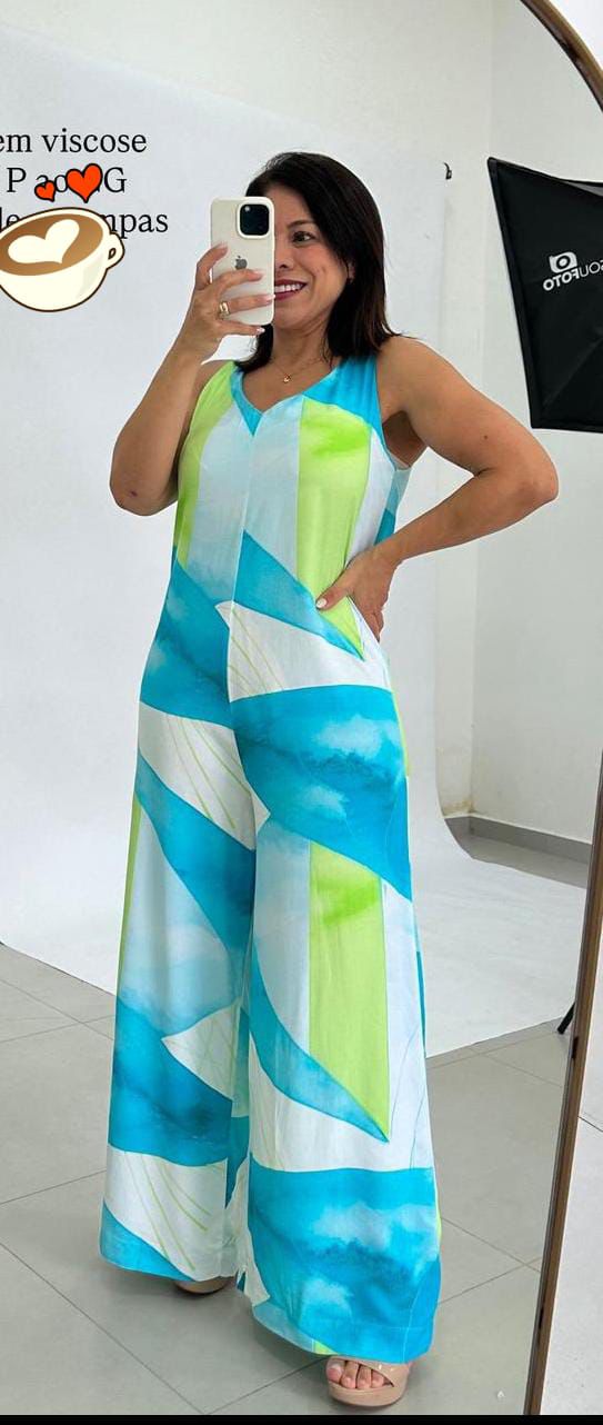 Macacão Longo Pantalona Estampado com Alça Larga