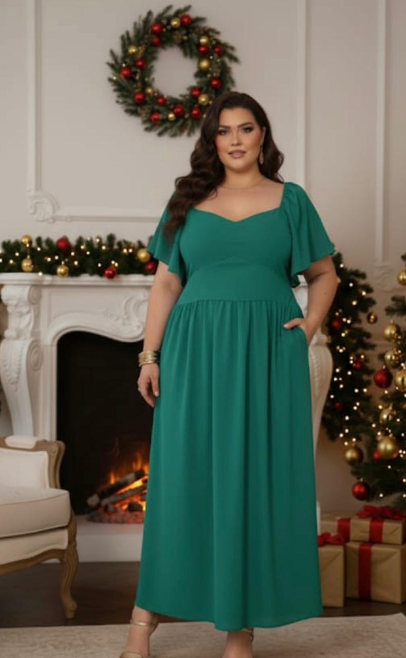 Vestidos Longos Lisos com Manga Plus Size