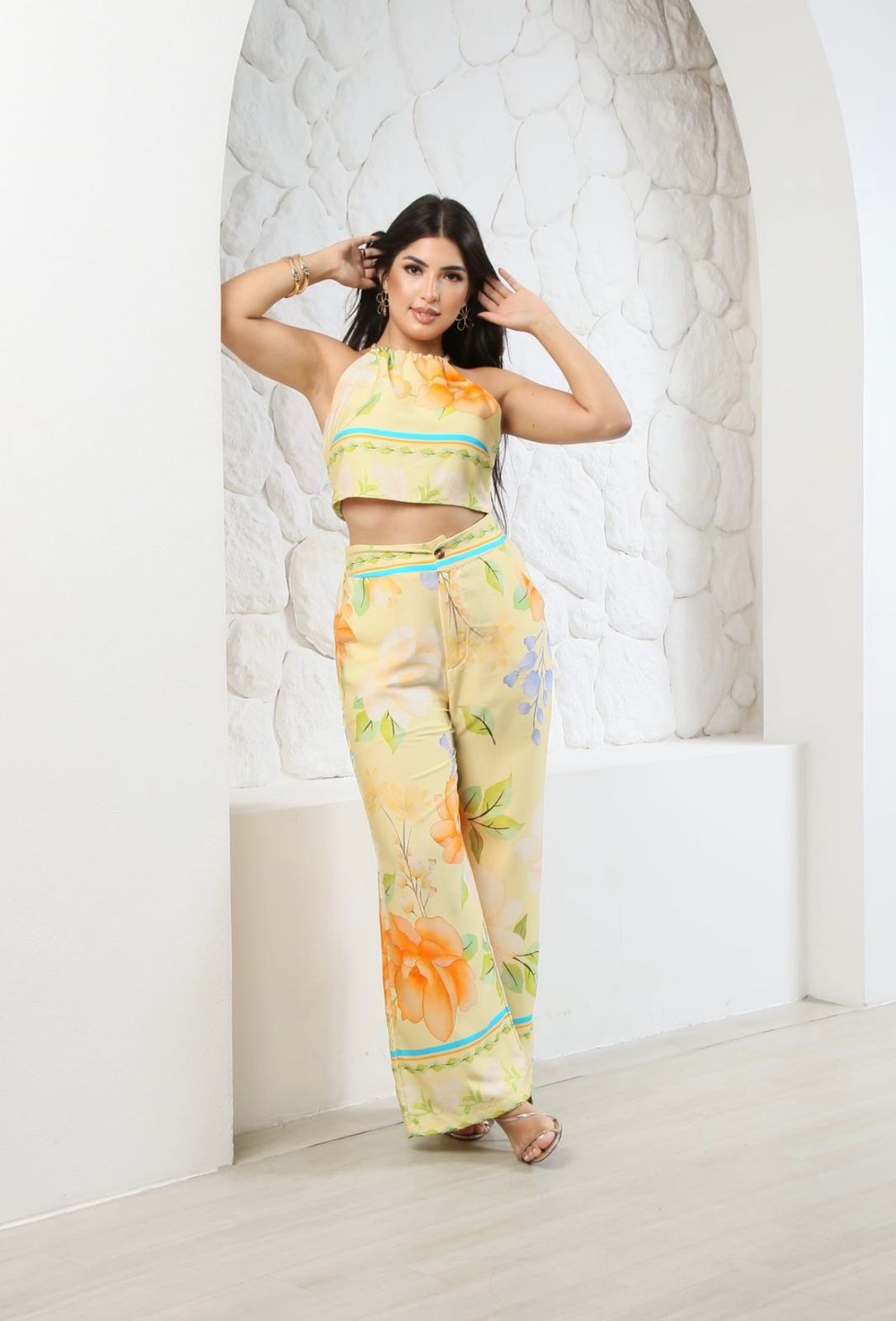 Conjunto Inspiração Farm- Calça Pantalona com Cropped Gola Alta