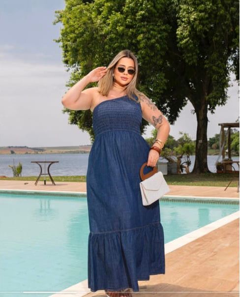Vestido Longo Jeans Ombro Só Plus Size
