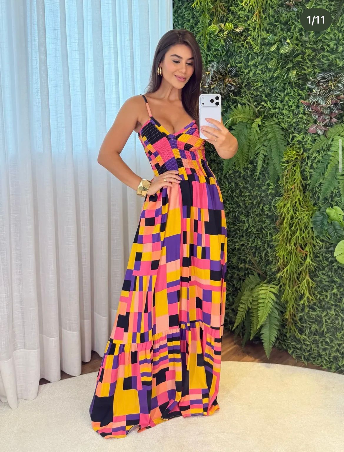 Vestido Longo Estampado com Alças Finas