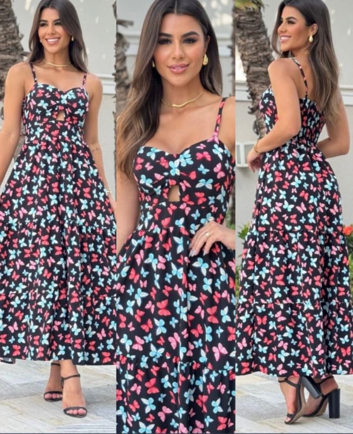 Vestidos Longos Estampados Borboletas Alças Finas