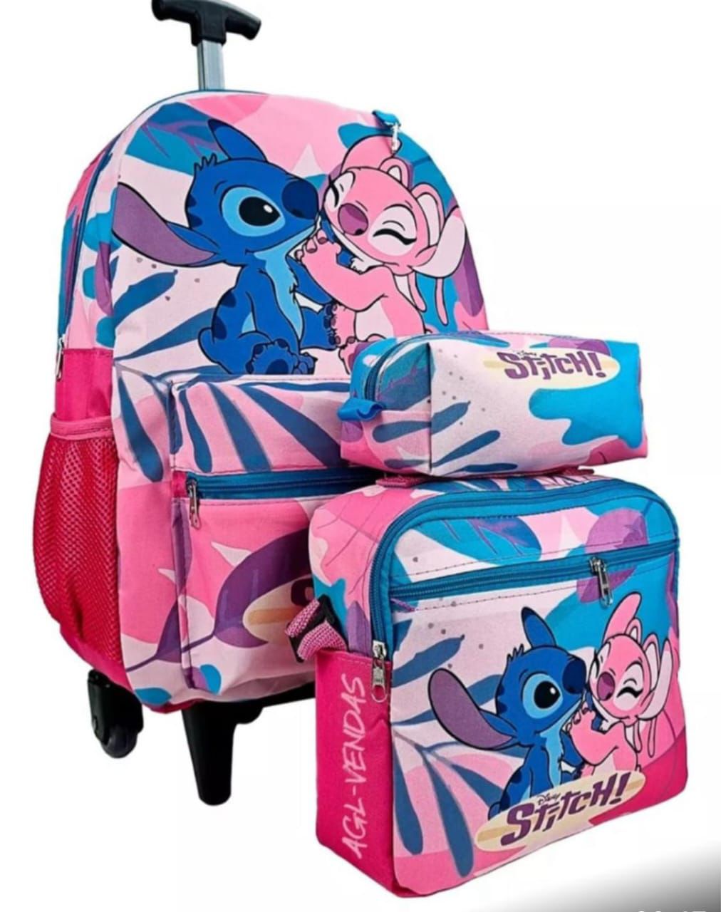Kit Infantil Mochila com Carrinho + Lancheira + Estojo Personagens