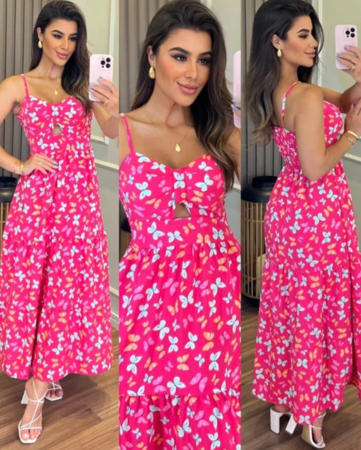 Vestidos Longos Estampados Borboletas Alças Finas