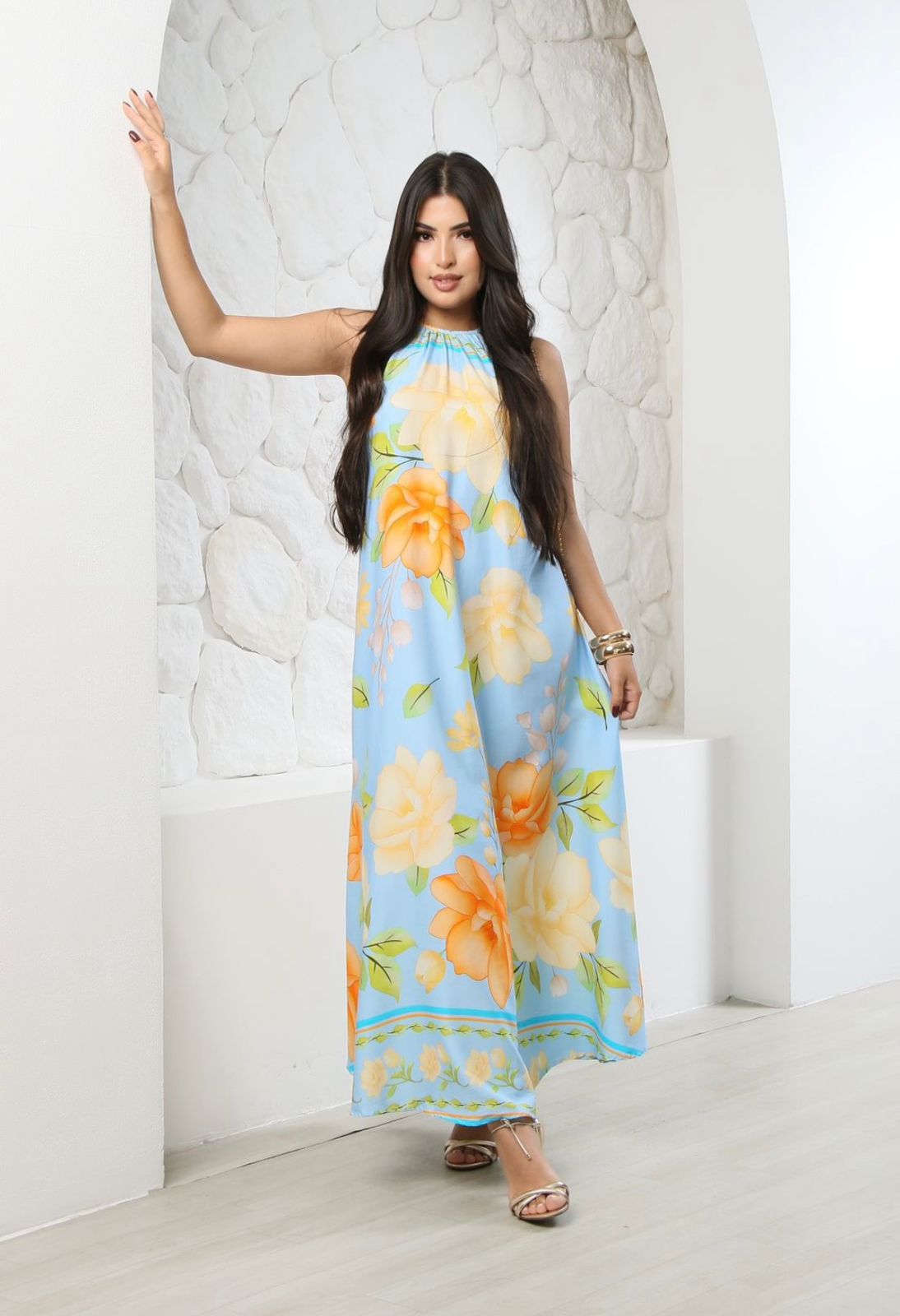 Vestido Longo Gola Alta Todo Floral