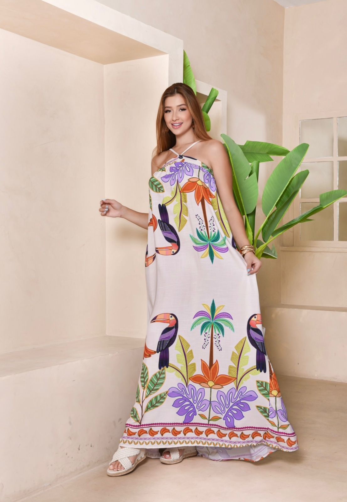 Vestido longo Gola Alta Inspiração Farm