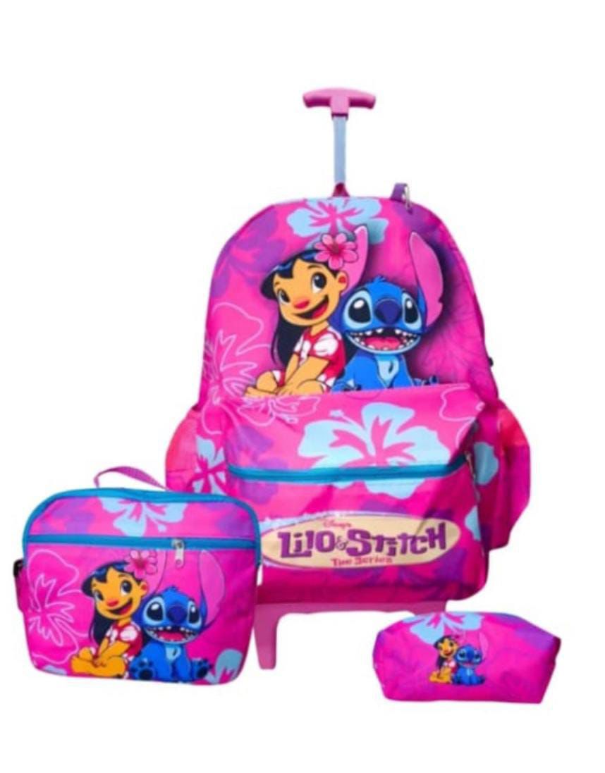 Kit Infantil Mochila com Carrinho + Lancheira + Estojo Personagens