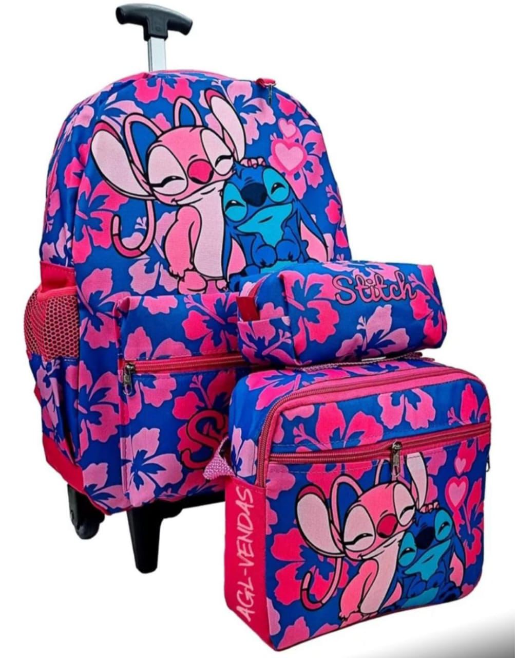 Kit Infantil Mochila com Carrinho + Lancheira + Estojo Personagens
