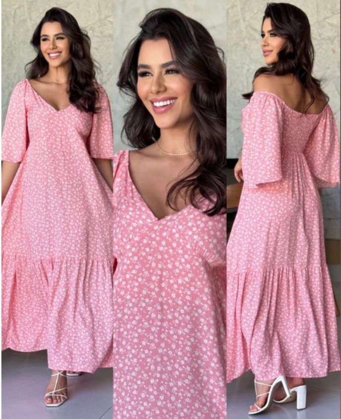 Vestidos Longos com Manga e Decote V Mini Florais