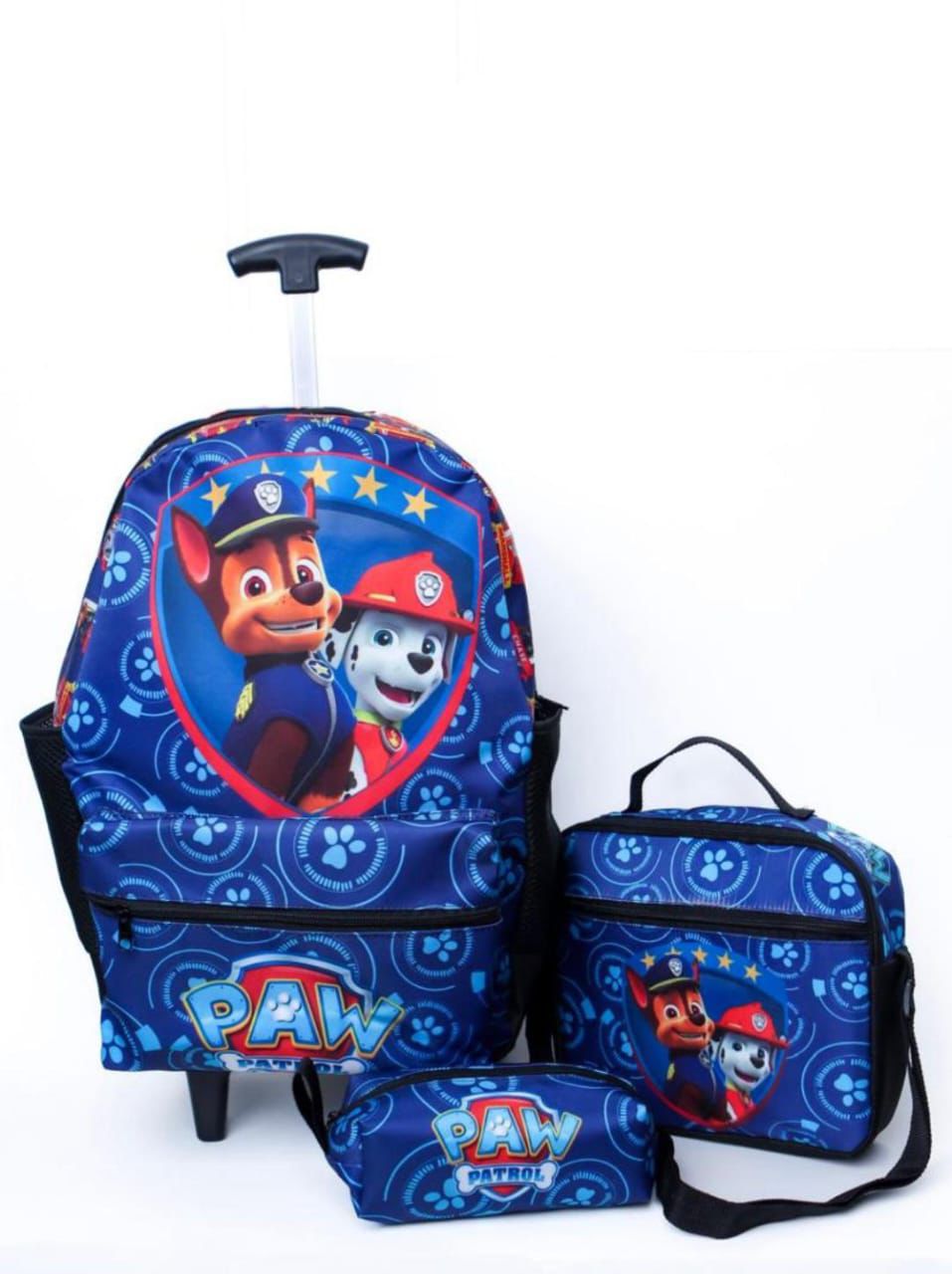 Kit Infantil Mochila com Carrinho + Lancheira + Estojo Personagens
