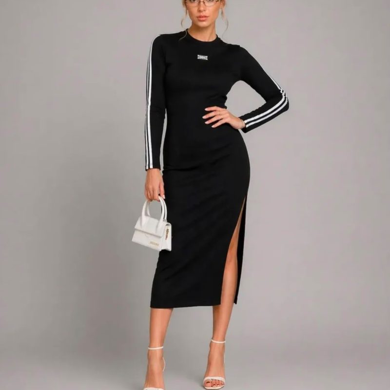 Vestido Midi Manga Longa com Listras na Lateral