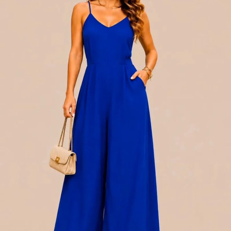 Macacão Feminino Longo Pantalona Alça Fina e Bolsos Laterais
