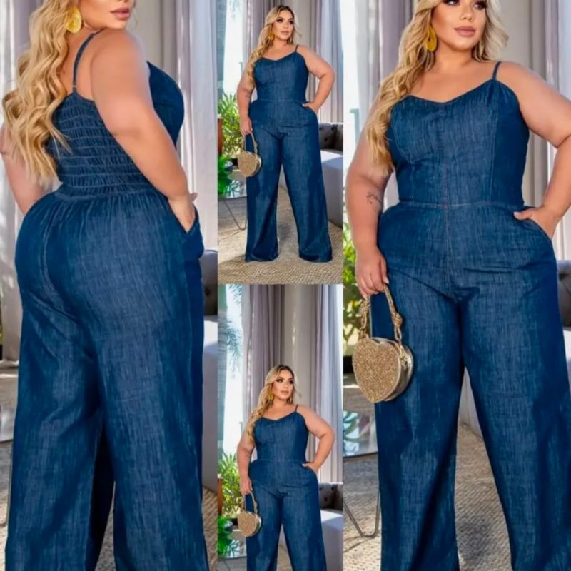 Macacão Jeans Longo Pantalona Plus Size