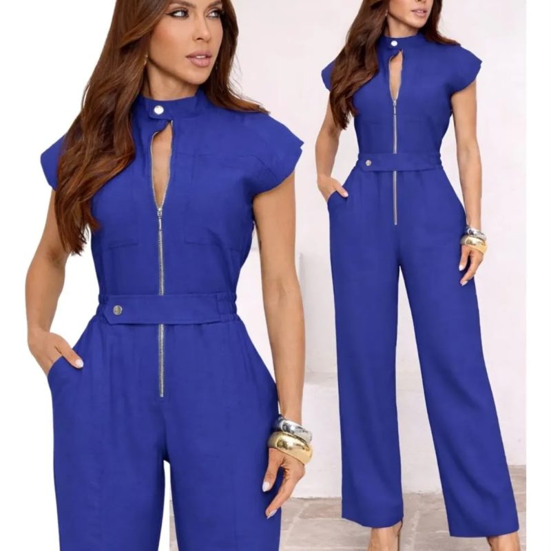 Macacão Feminino Jeans Longo com Zíper Frontal