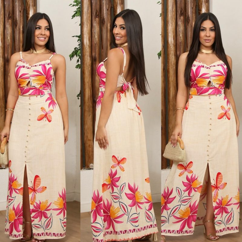 Conjuntos Feminino Floral Saia Longa com Botões e Cropped