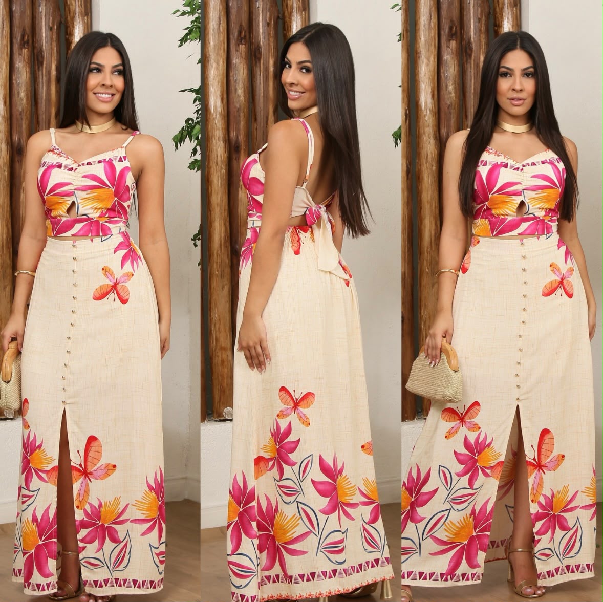 Conjuntos Feminino Floral Saia Longa com Botões e Cropped