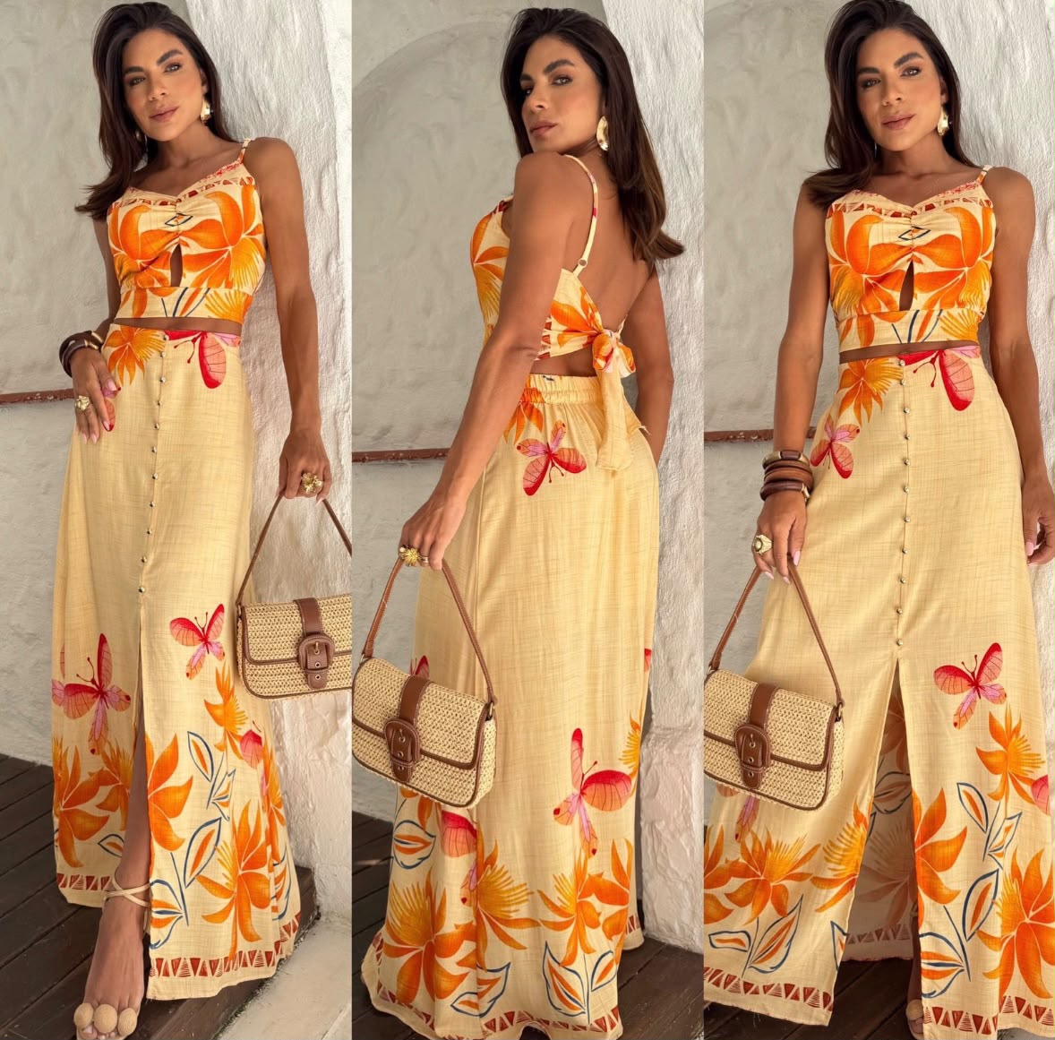 Conjuntos Feminino Floral Saia Longa com Botões e Cropped - Imagem 5