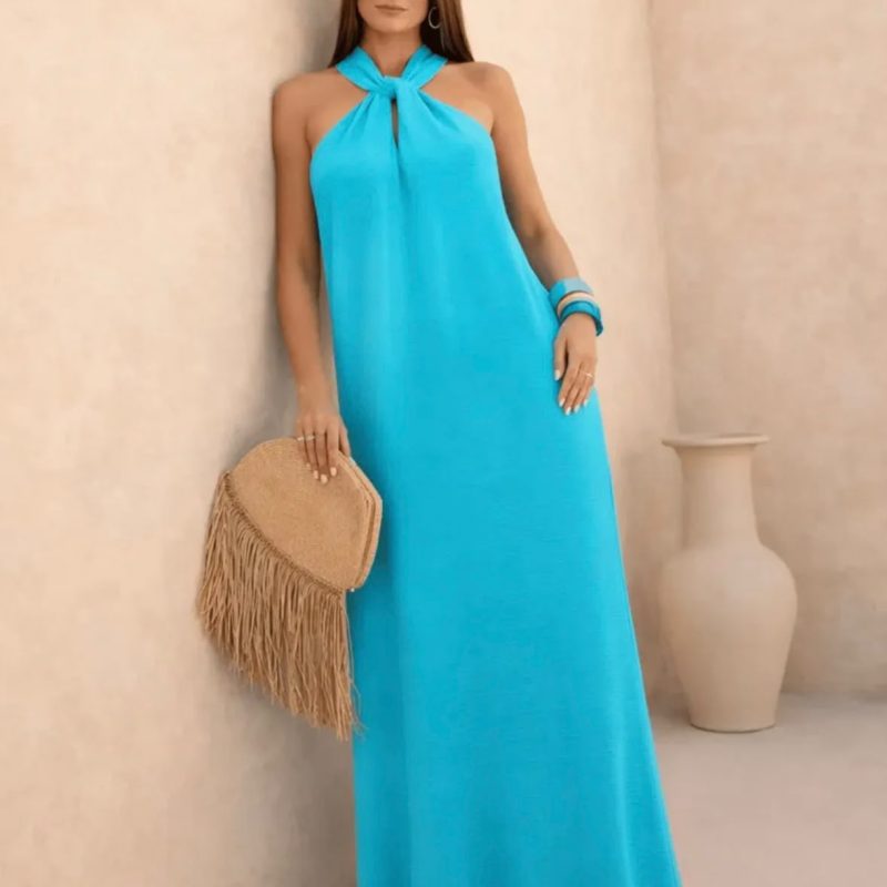Vestido longo com Gola Alta Cruzada
