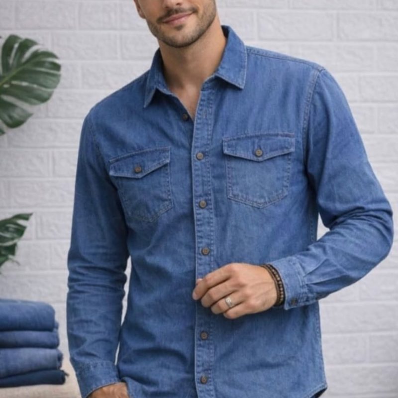 Camisa Masculina Jeans de Manga Longa